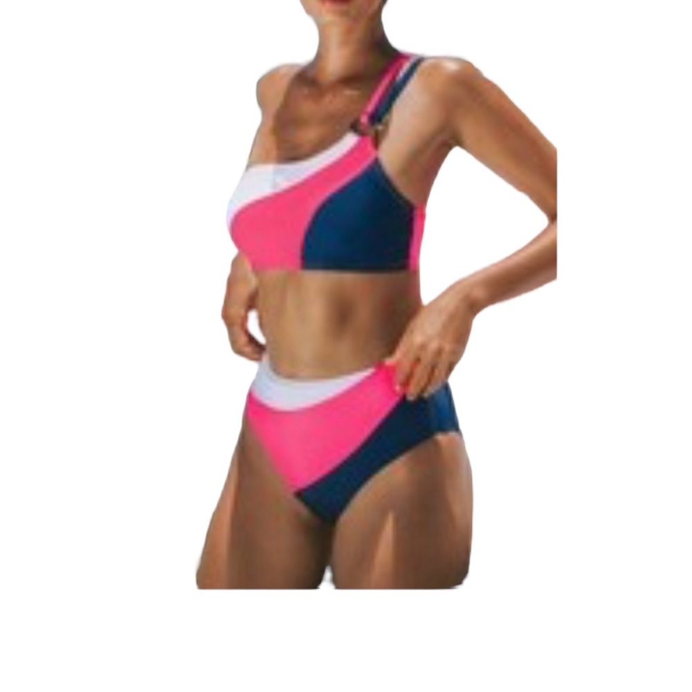 CUPSHE Colorblock One-Shoulder Bikini & High Waist bottoms NWT Medium - Picture 3 of 10